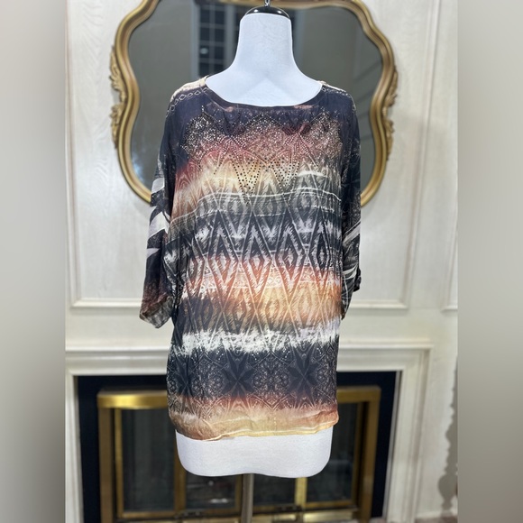 Reba Tops - Reba Sheer Embellished Batwing Sleeve Blouse Tunic Top L Made in USA Boho Tribal